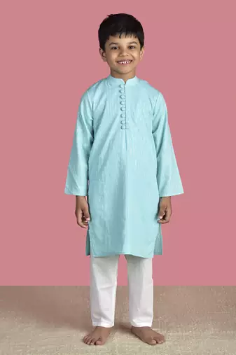 Blue cotton woven boys kurta pyjama