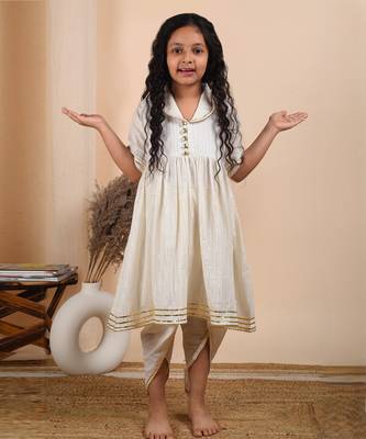 Ivory cotton woven kurta paired with dhoti 1