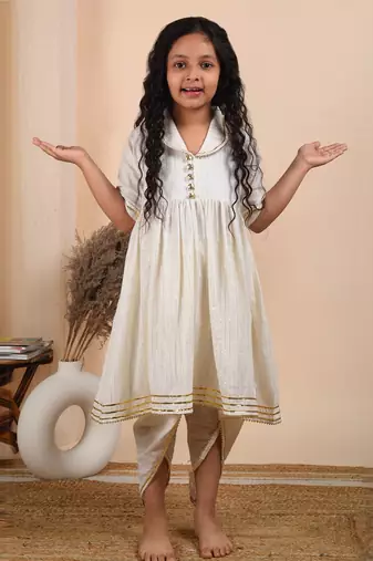Ivory cotton woven kurta paired with dhoti