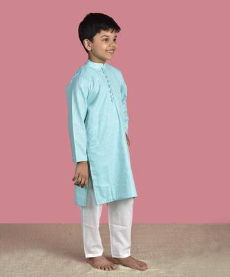 Blue cotton woven boys kurta pyjama 4