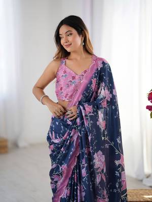 Blue chinon printed saree 3