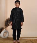 Black cotton woven boys kurta pyjama