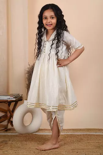 Ivory cotton woven kurta paired with dhoti