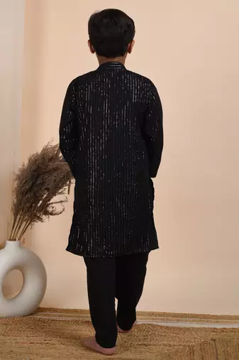 Black cotton woven boys kurta pyjama