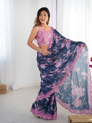 Blue chinon printed saree 4