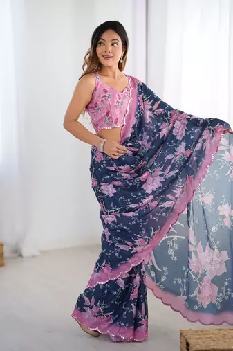 Blue chinon printed saree