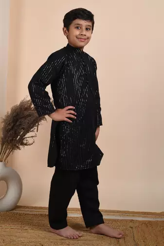 Black cotton woven boys kurta pyjama