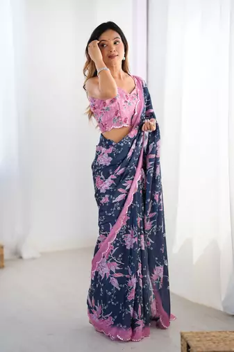 Blue chinon printed saree