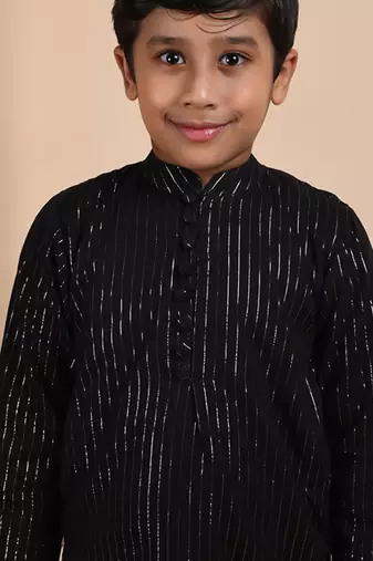 Black cotton woven boys kurta pyjama