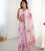 Pink chinon printed saree