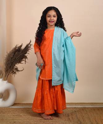 Orange cotton woven kurta sharara with dupatta 1