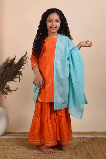 Orange cotton woven kurta sharara with dupatta