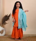 Orange cotton woven kurta sharara with dupatta
