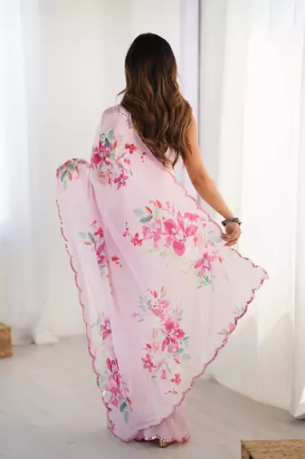 Pink chinon printed saree
