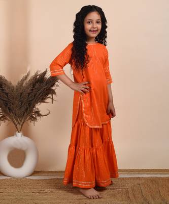 Orange cotton woven kurta sharara with dupatta 2