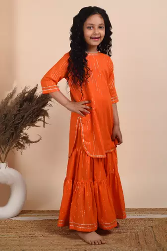 Orange cotton woven kurta sharara with dupatta