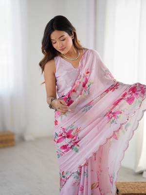 Pink chinon printed saree 3