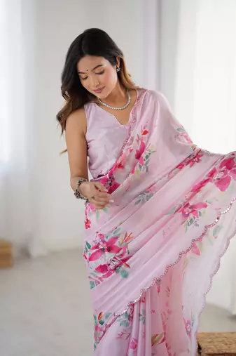 Pink chinon printed saree