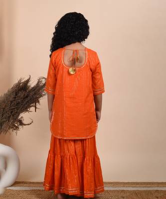 Orange cotton woven kurta sharara with dupatta 4