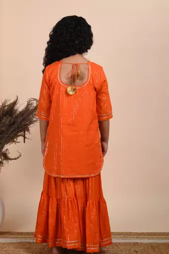 Orange cotton woven kurta sharara with dupatta