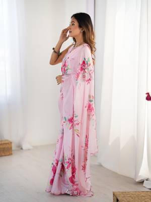 Pink chinon printed saree 4