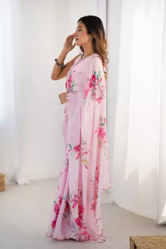 Pink chinon printed saree