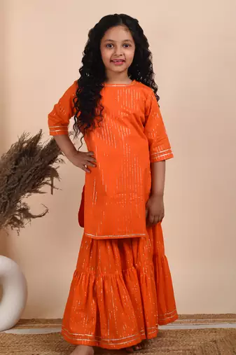 Orange cotton woven kurta and sharara