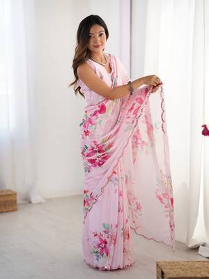 Pink chinon printed saree 5