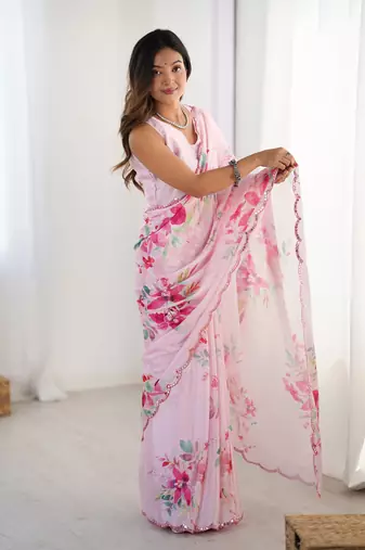 Pink chinon printed saree