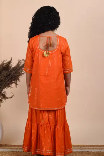Orange cotton woven kurta and sharara