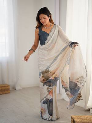 Cream chinon printed saree 1