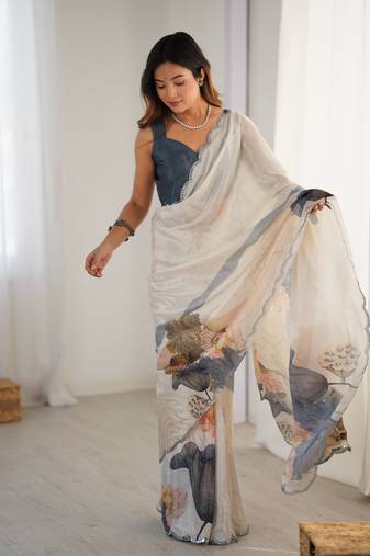 Cream chinon printed saree