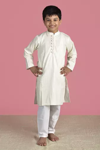 Ivory cotton woven boys kurta pyjama