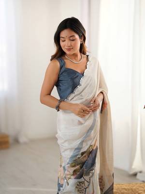 Cream chinon printed saree 3