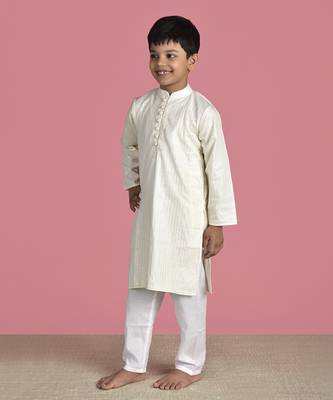 Ivory cotton woven boys kurta pyjama 4