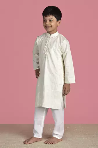 Ivory cotton woven boys kurta pyjama