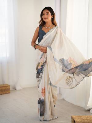 Cream chinon printed saree 4
