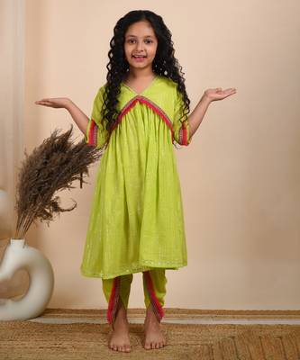 Green cotton woven kurta with pant 1