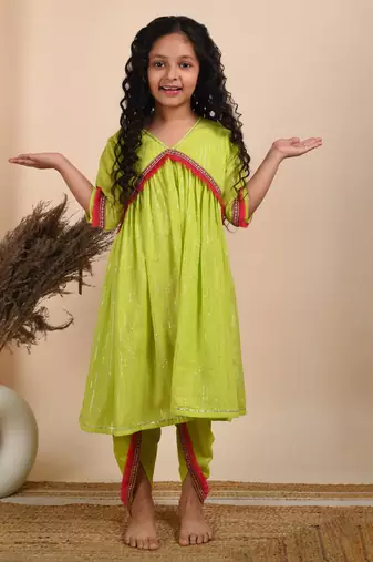 Green cotton woven kurta with pant