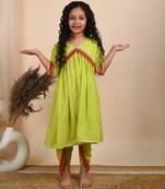 Green cotton woven kurta with pant