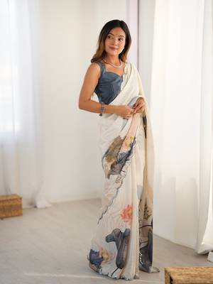 Cream chinon printed saree 5