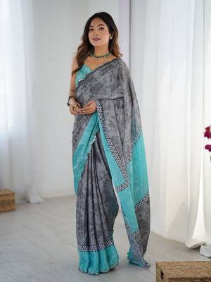 Grey chinon printed saree 1