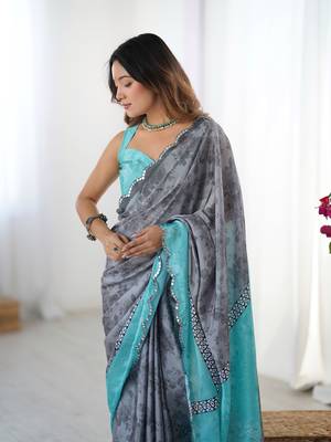 Grey chinon printed saree 3