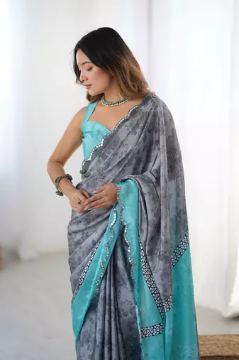 Grey chinon printed saree