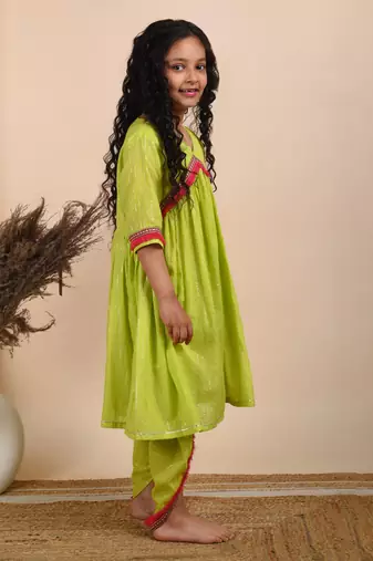 Green cotton woven kurta with pant