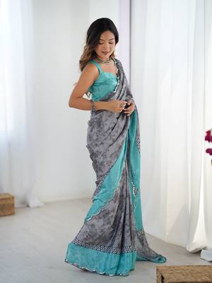 Grey chinon printed saree 5