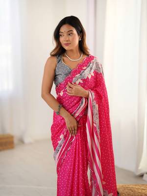 Pink chinon printed saree 3
