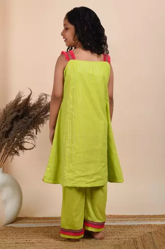 Green cotton woven kurta paired with palazzo