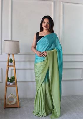 pre draped aqua green chinon solid saree 1