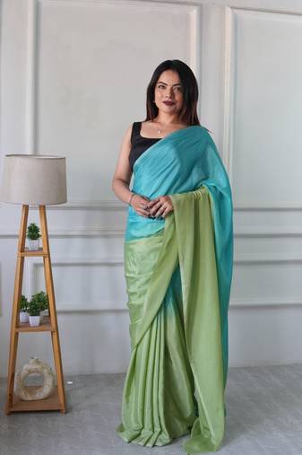Aqua green chinon solid ready to wear saree